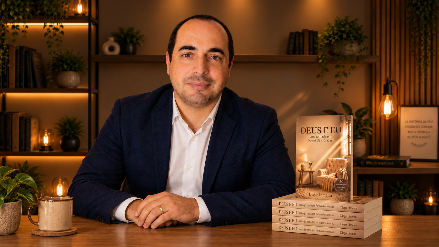 Diego Limeira ao lado de exemplares do livro DEUS E EU